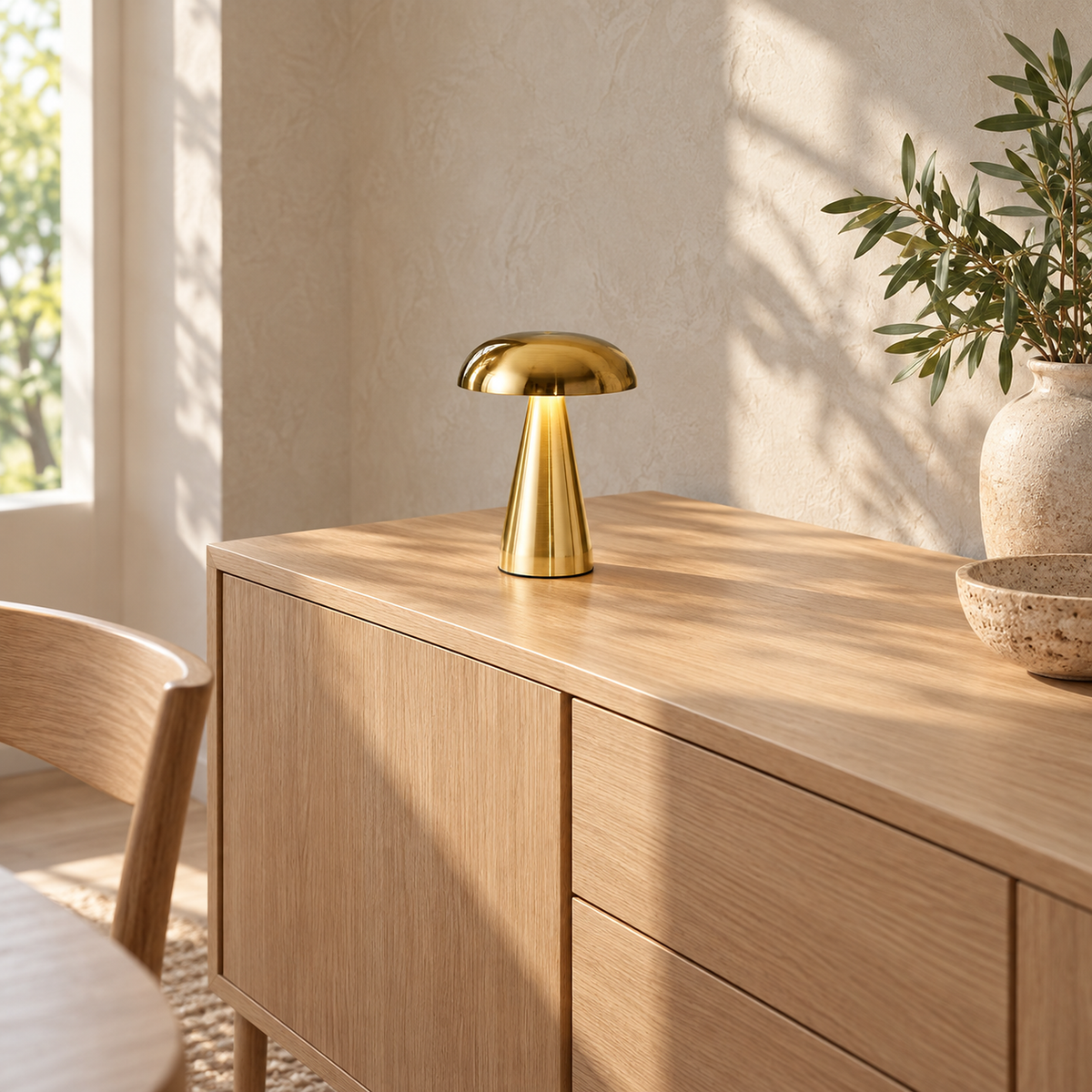 Telirra gold cordless table lamp resting unlit on a sunlit dining sideboard