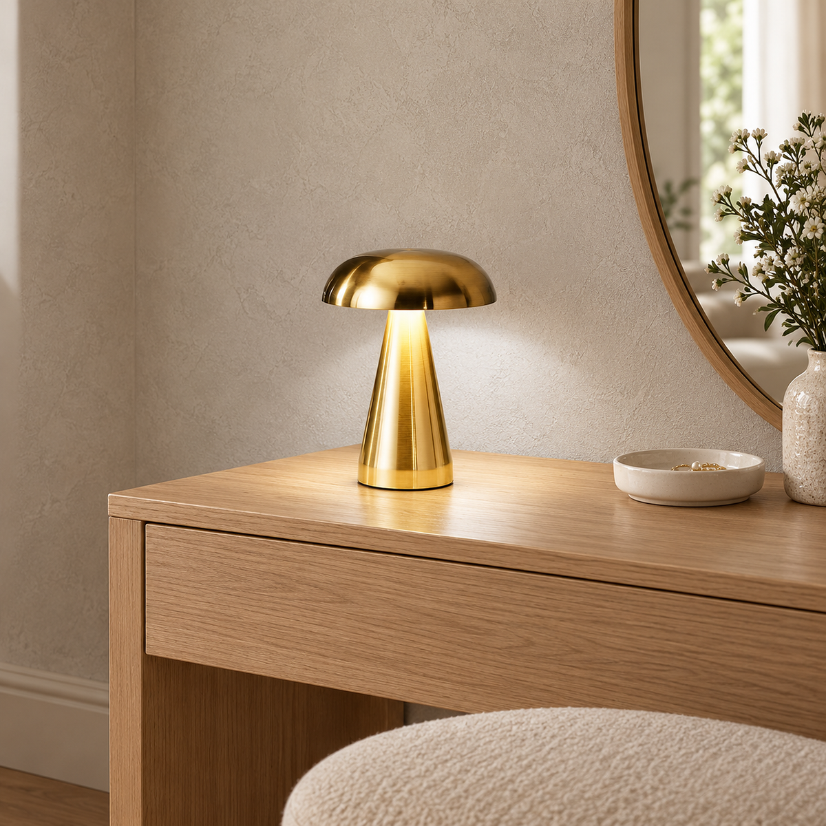 Telirra gold cordless table lamp set to its cool white light setting in a dressing room