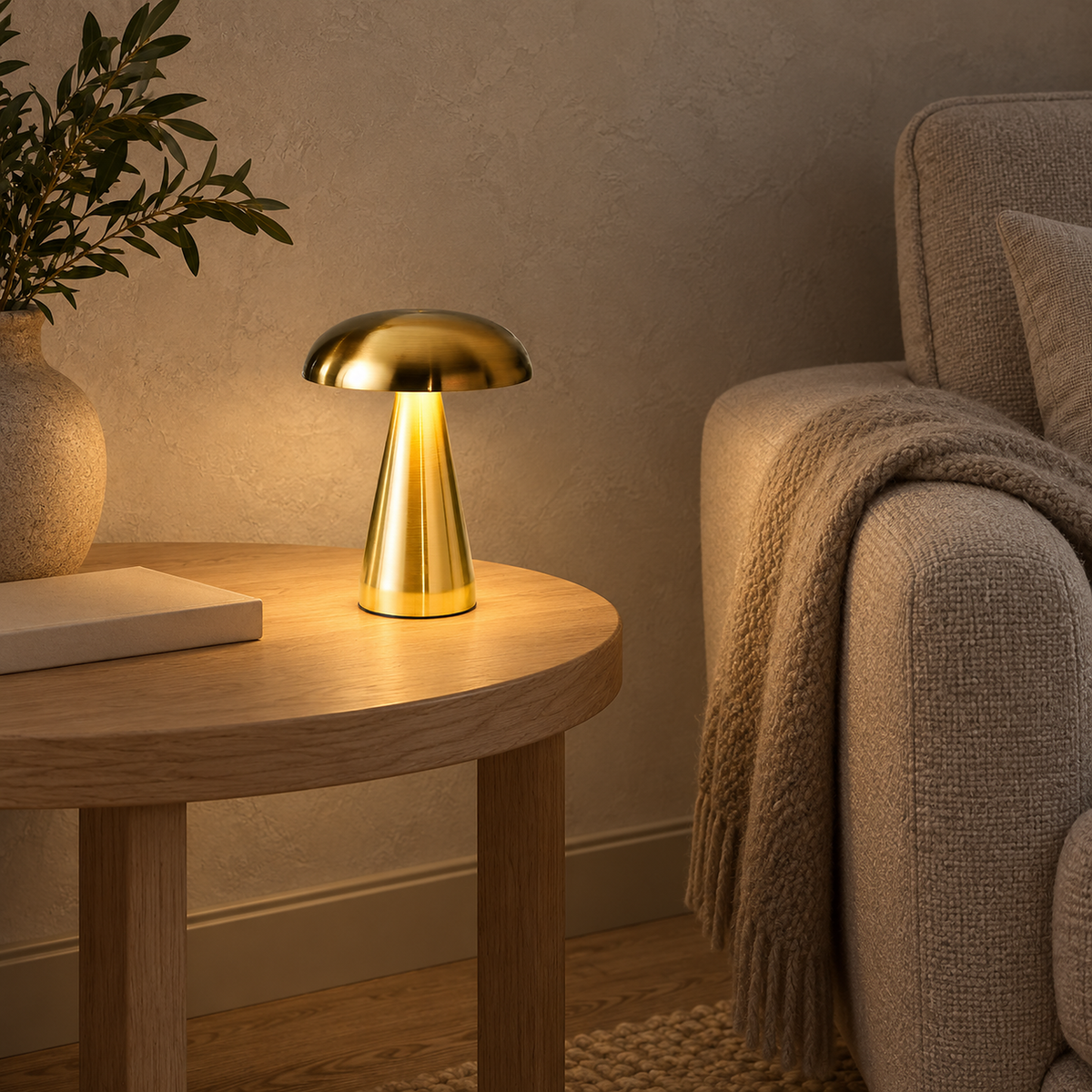Telirra gold portable table lamp glowing low beside an oatmeal armchair