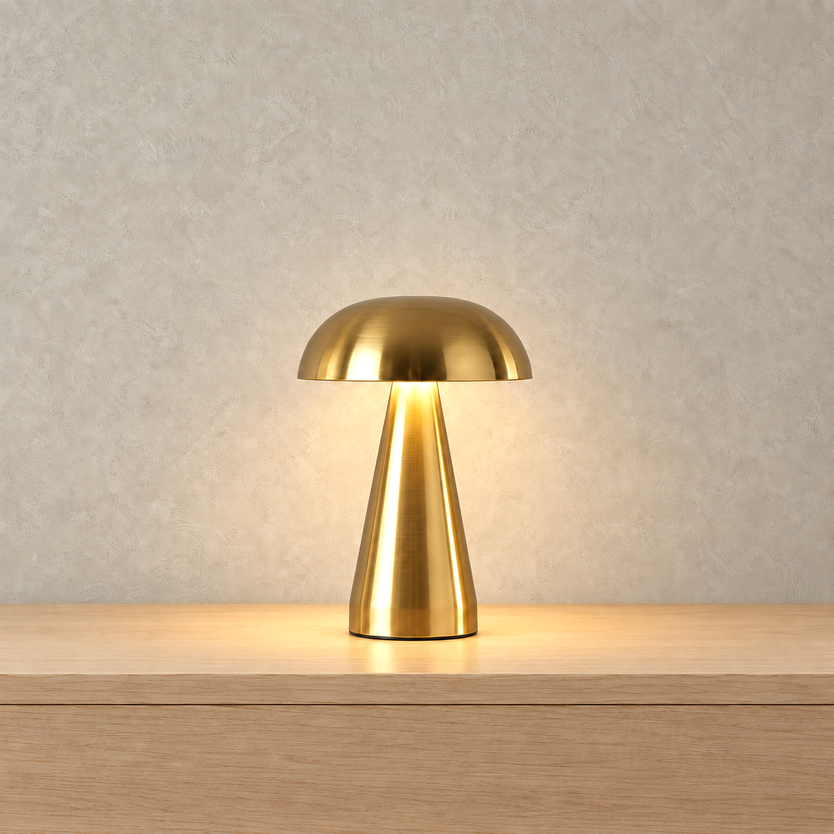 Telirra gold table lamp lit with its warm white light setting