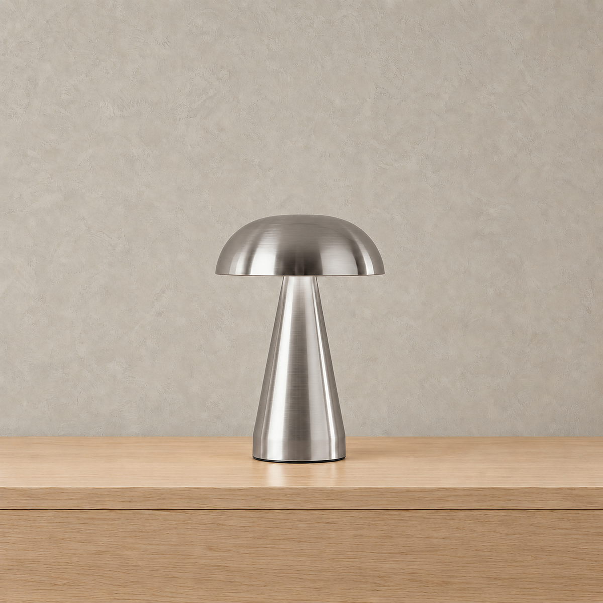 Telirra silver rechargeable table lamp unlit with its reflective metal dome #color_silver