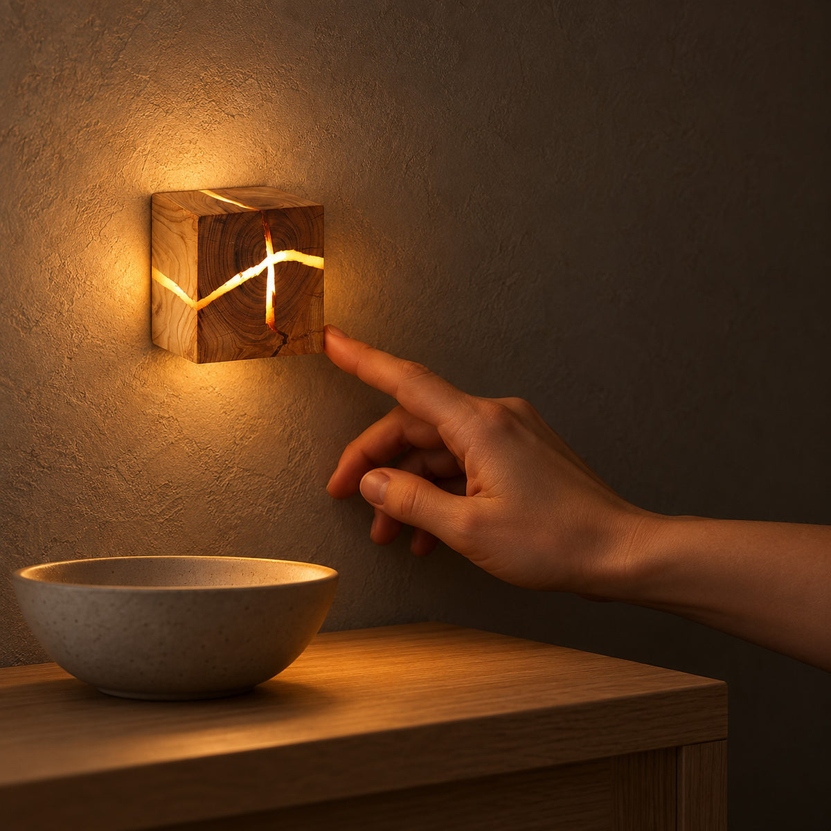 Temalio natural wood hardwired wall light mounted beside a dining room sideboard at night