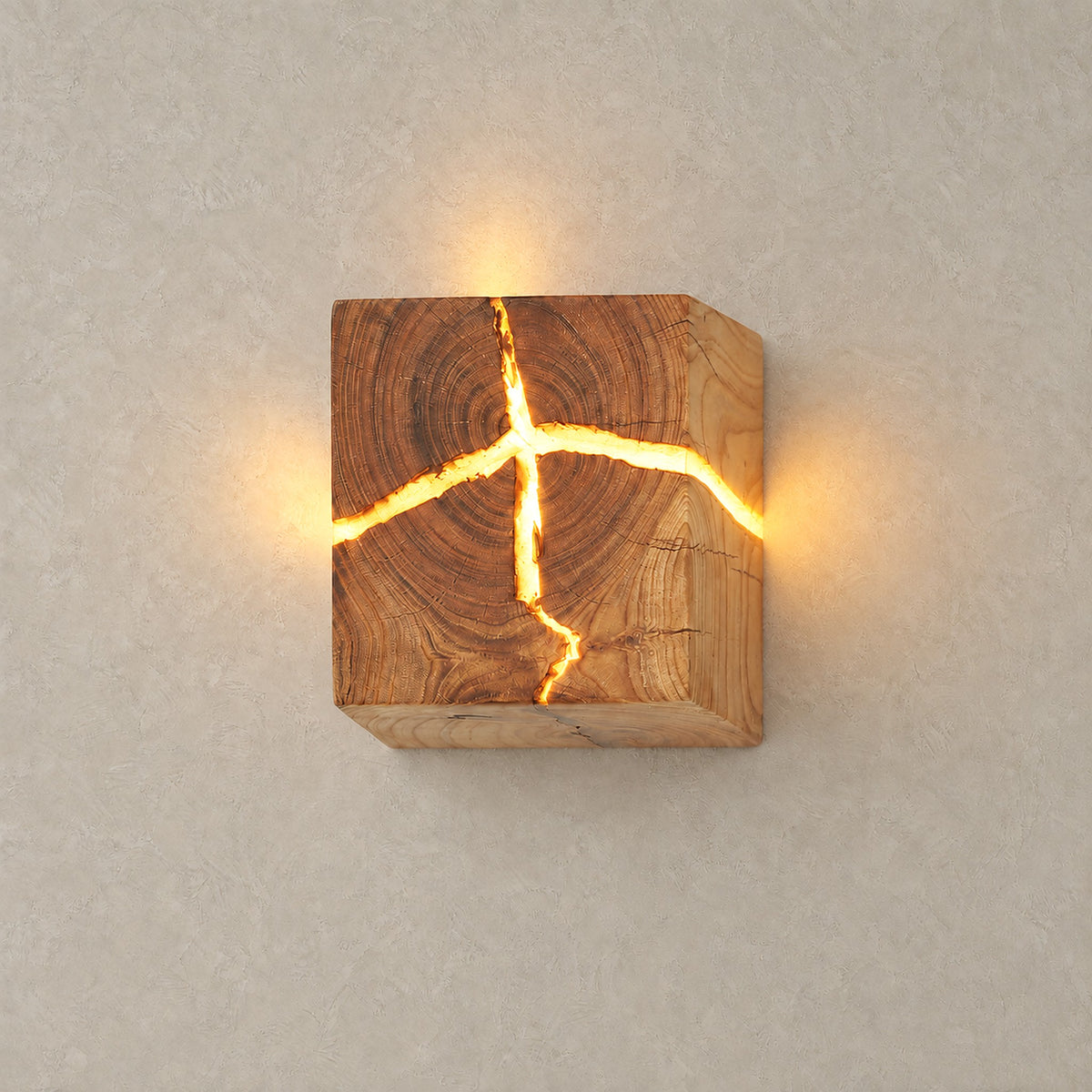 Temalio natural wood wall lamp with warm light shining through its intersecting cracks