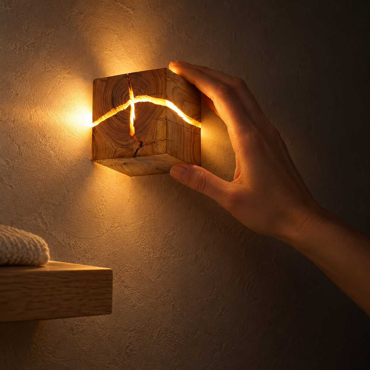 Temalio natural brown wood wall light with glowing cracks on a beige wall, touched by a hand