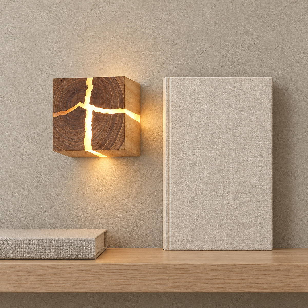 Temalio natural wood wall sconce glowing beside a plain paperback on a bedroom shelf