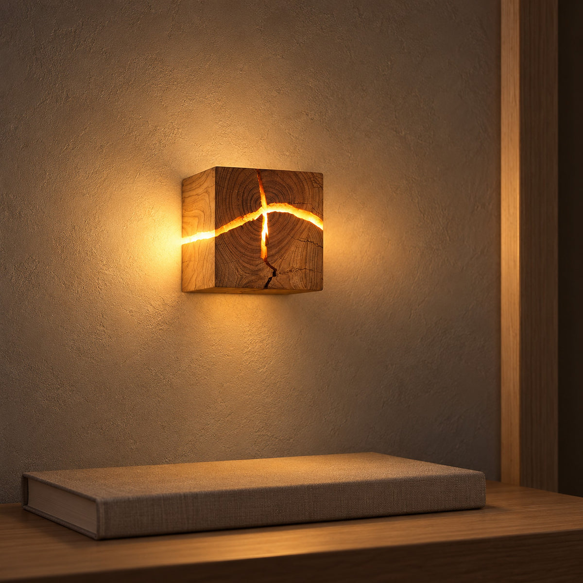 Temalio natural wood wall sconce lighting a bedroom entrance at night as a hand passes by