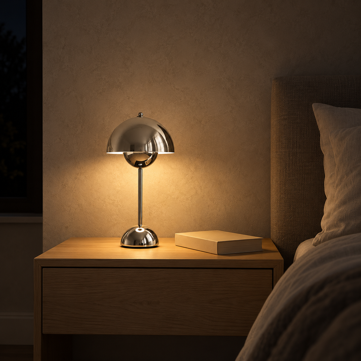 Temalor silver bedside lamp casting warm light on a wooden table with a book beside a bed.
