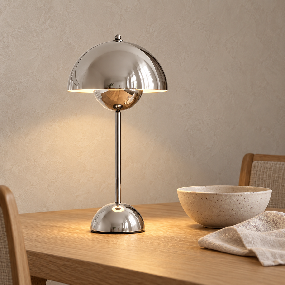 Temalor silver cordless table lamp glowing on a dining table in daylight