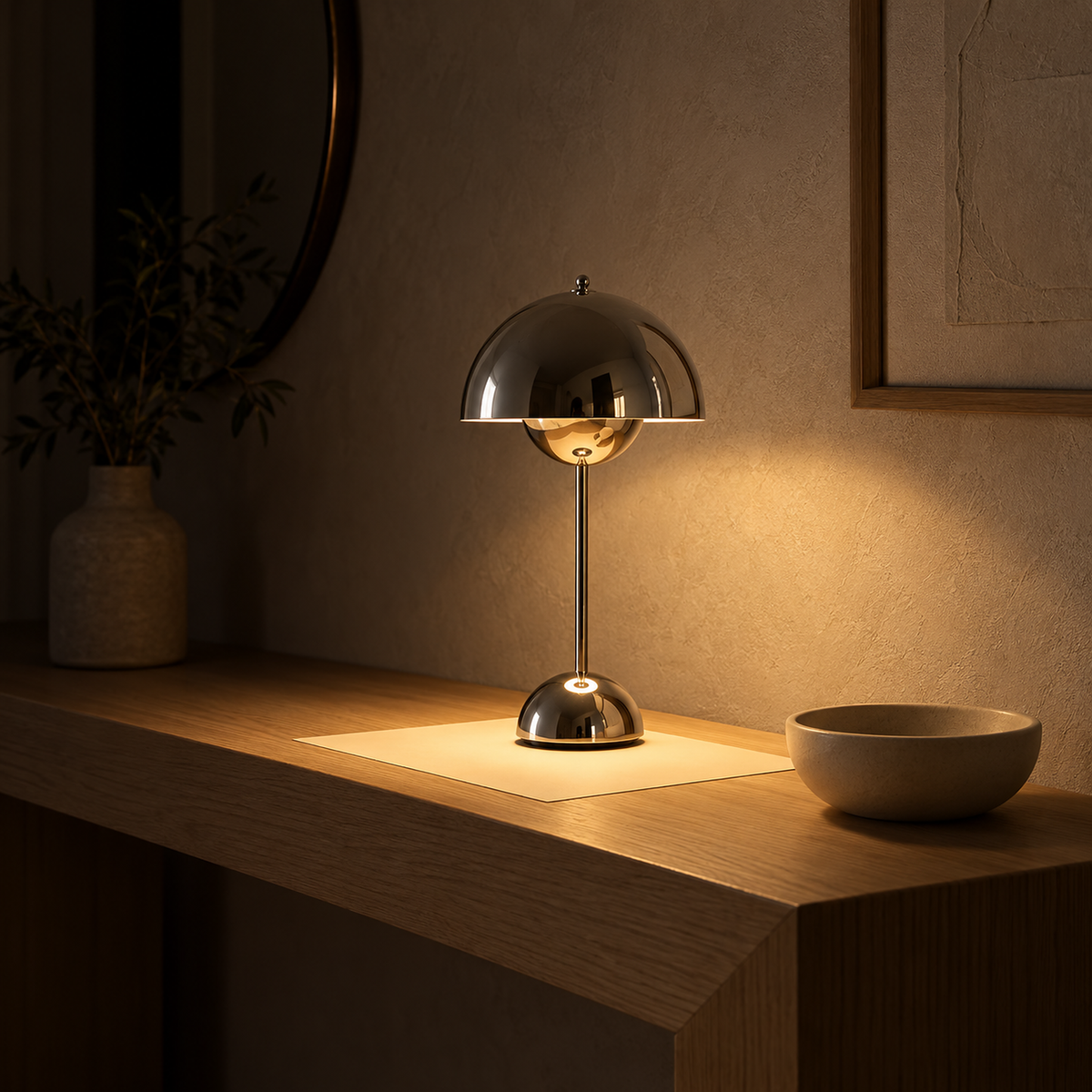 Temalor silver cordless table lamp warming an entry console with a glow at night
