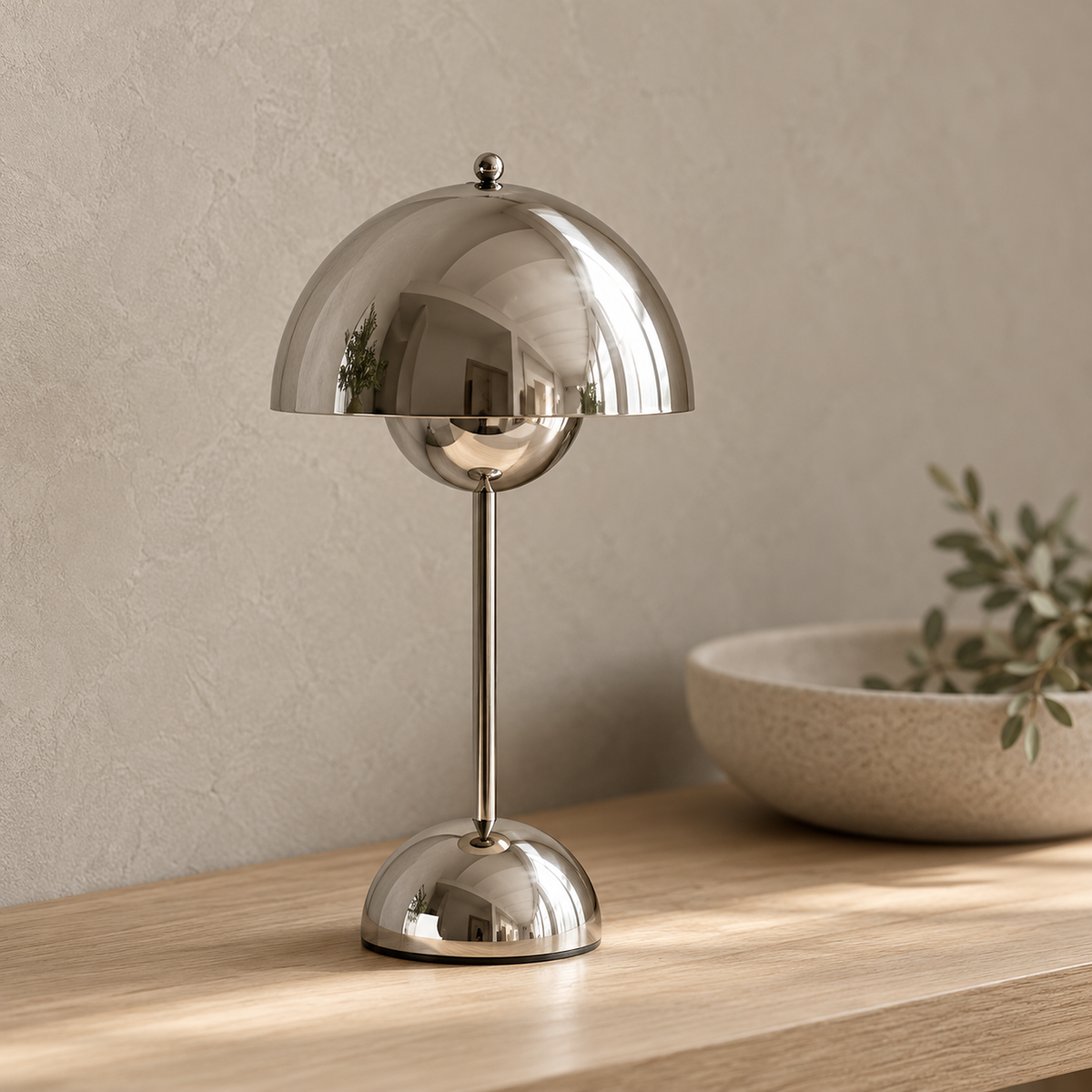 Temalor silver LED desk lamp in close detail, showing the dome and reflective bowl