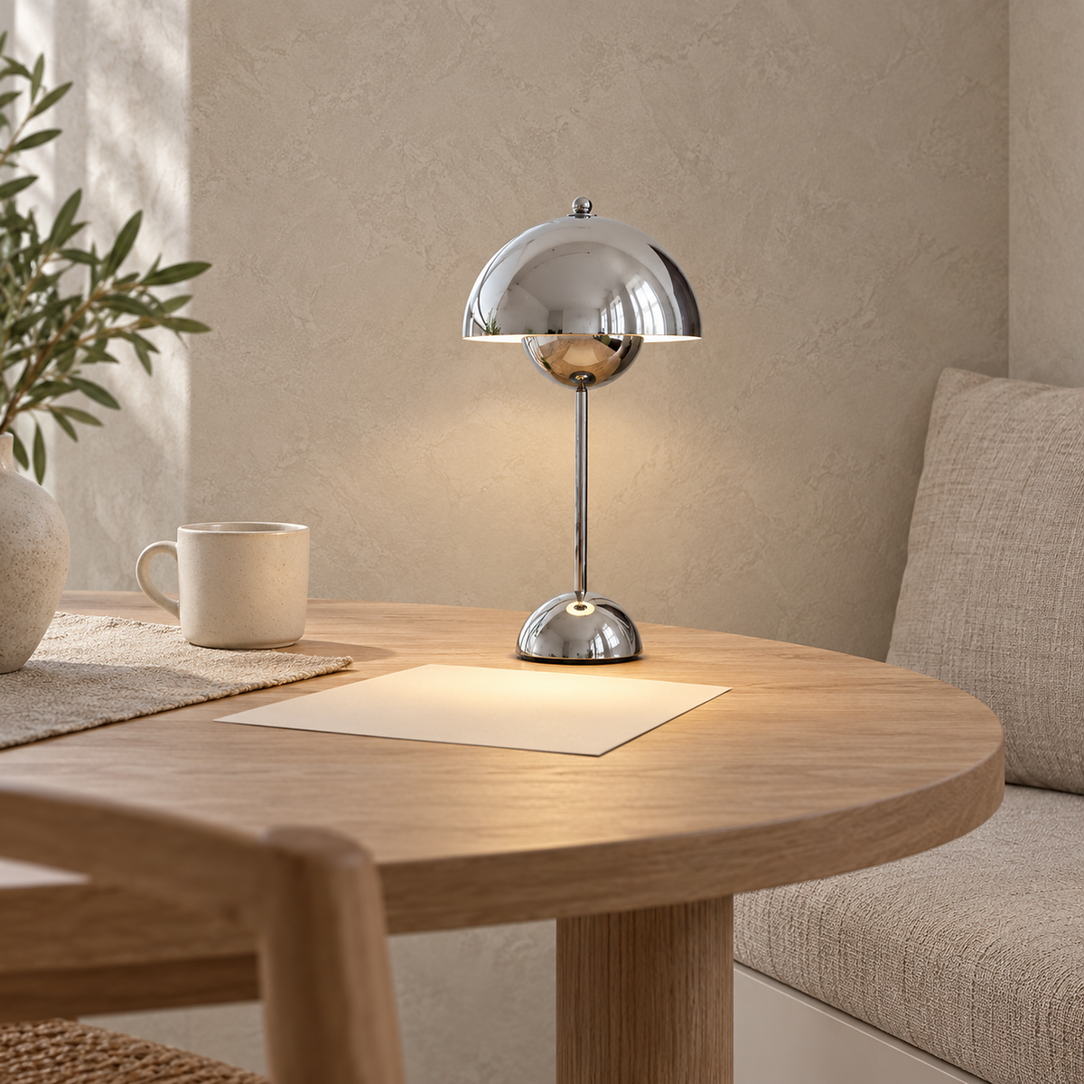 Temalor silver portable table lamp casting neutral light beside a cup in a breakfast nook