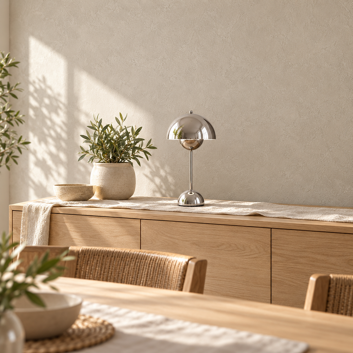Temalor silver portable table lamp, unlit, reflecting a sunlit dining room in its stainless steel