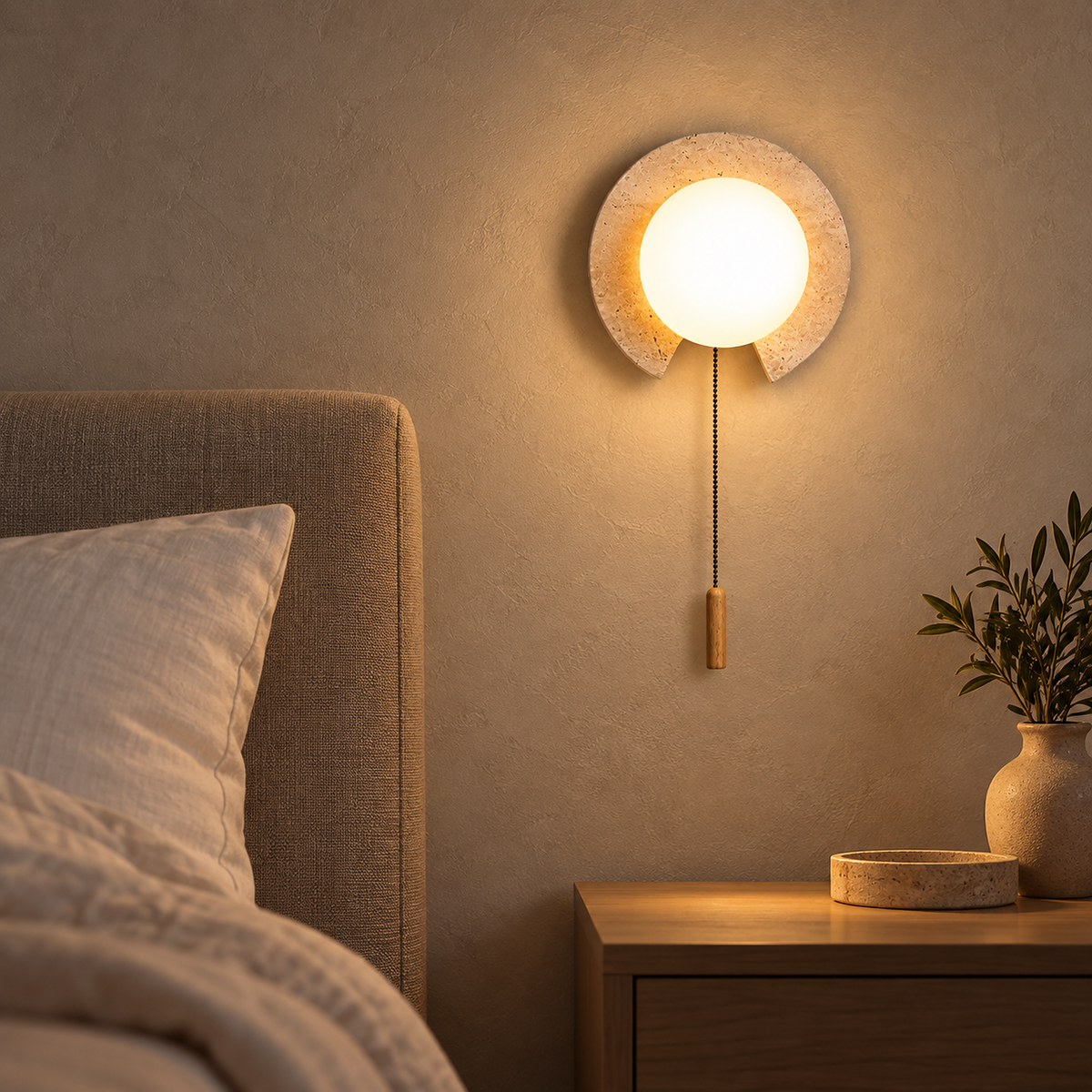 Teselma beige and white bedside wall light illuminating travertine beside the primary bed