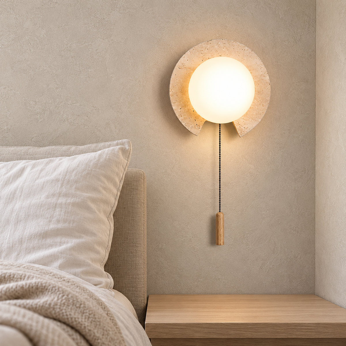 Teselma beige and white bedside wall light lit beside a bed with a clear bedside ledge