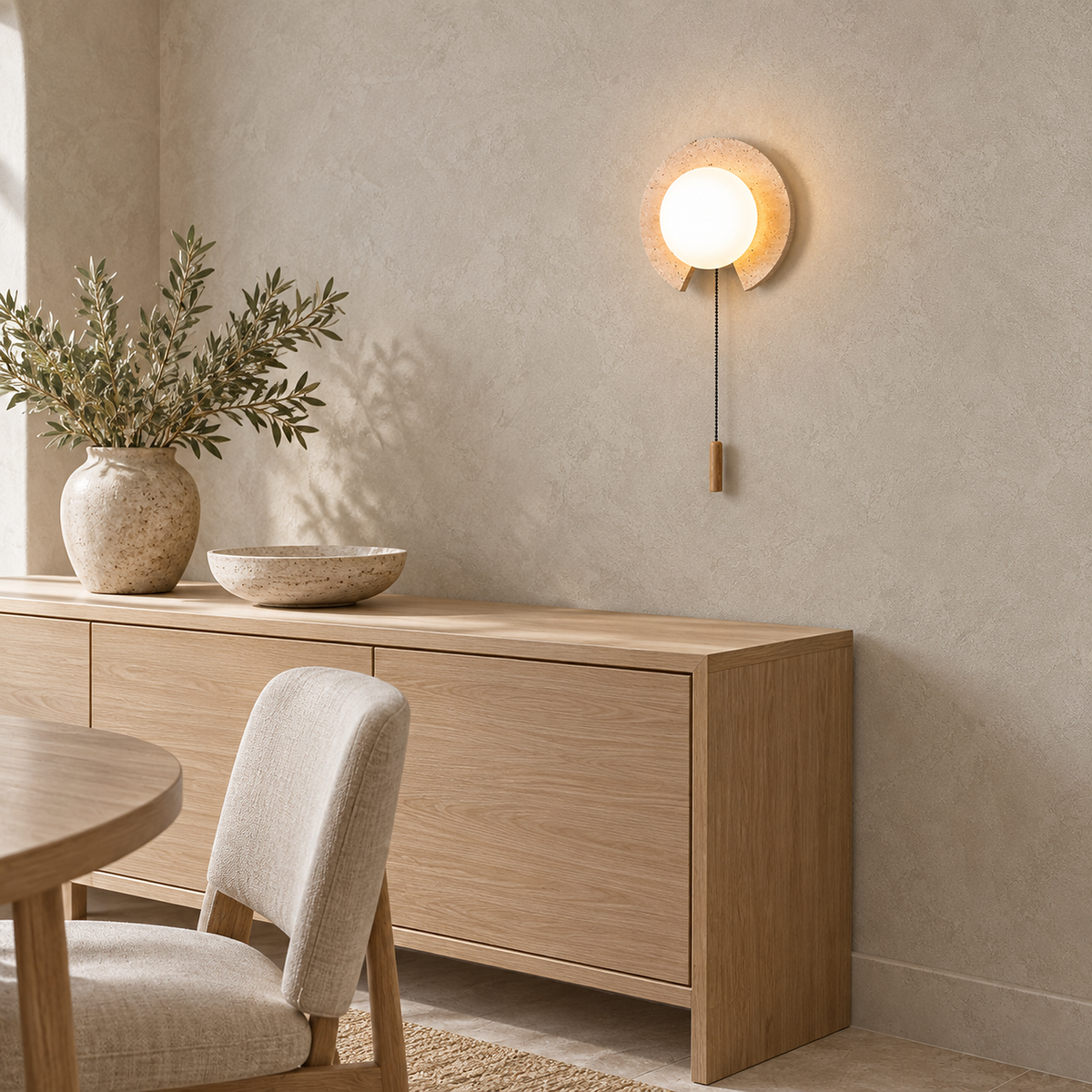 Teselma beige and white wall lamp above the clear corner of a dining nook sideboard