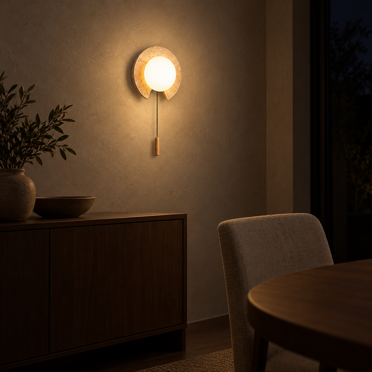 Teselma beige and white led wall sconce for a G9 bulb with a round travertine backplate in a dining nook