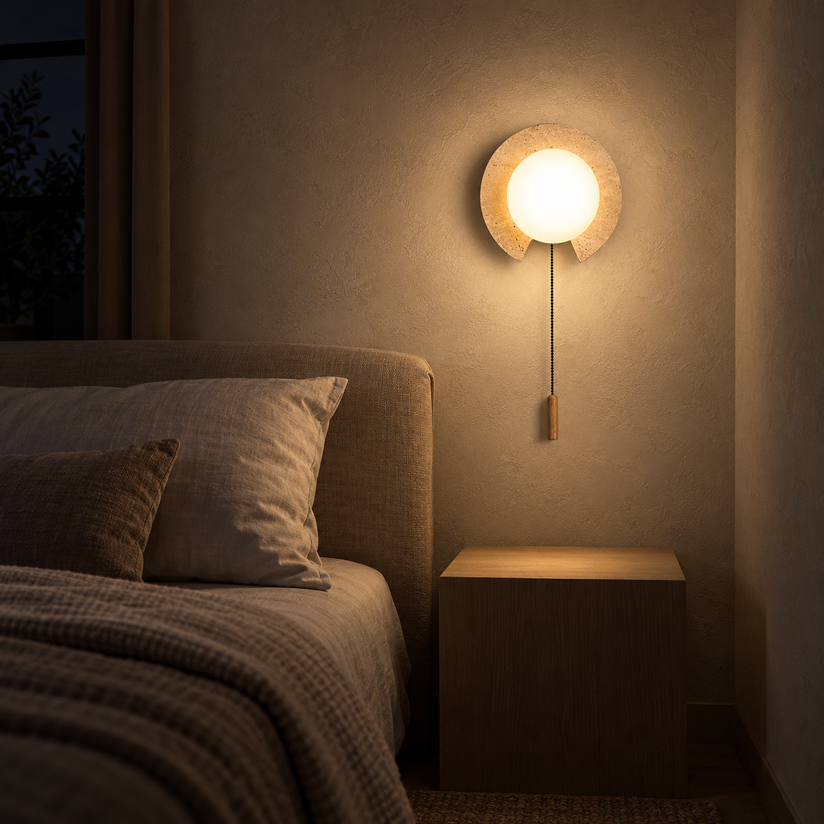 Teselma beige and white wall light casting a local glow beside a bed at night