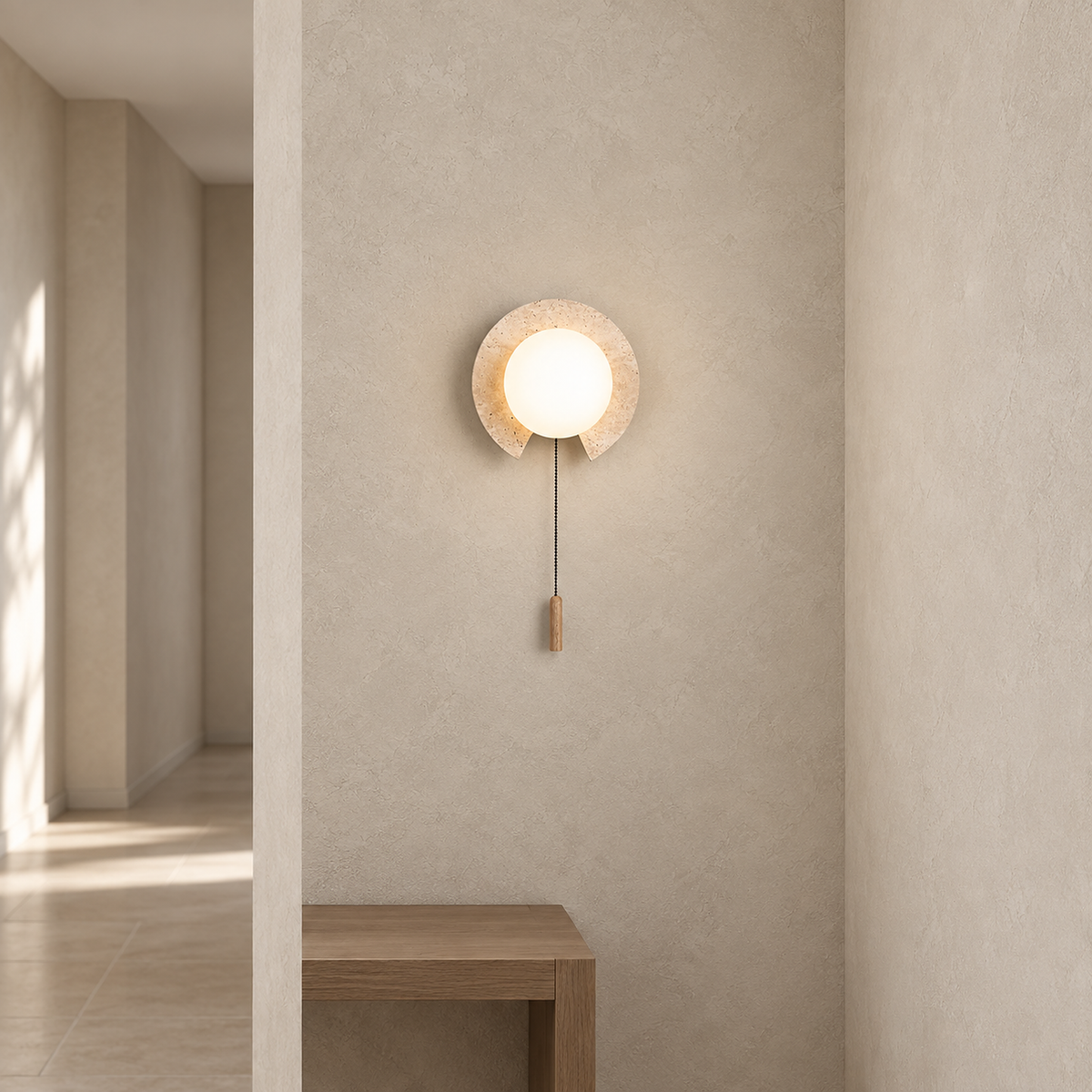 Teselma beige and white wall sconce glowing within a narrow hallway wall section