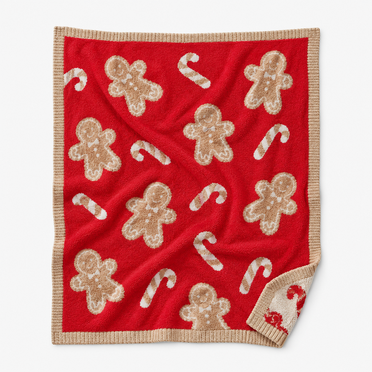 Tesmira christmas throw blanket in red gingerbread man candy cane laid open to show the full design