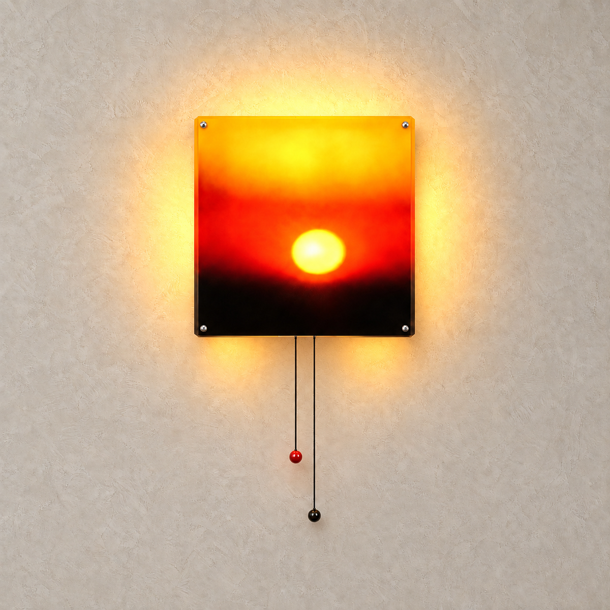 Tesolla sunset orange battery operated wall sconce lit with warm light spilling onto plaster