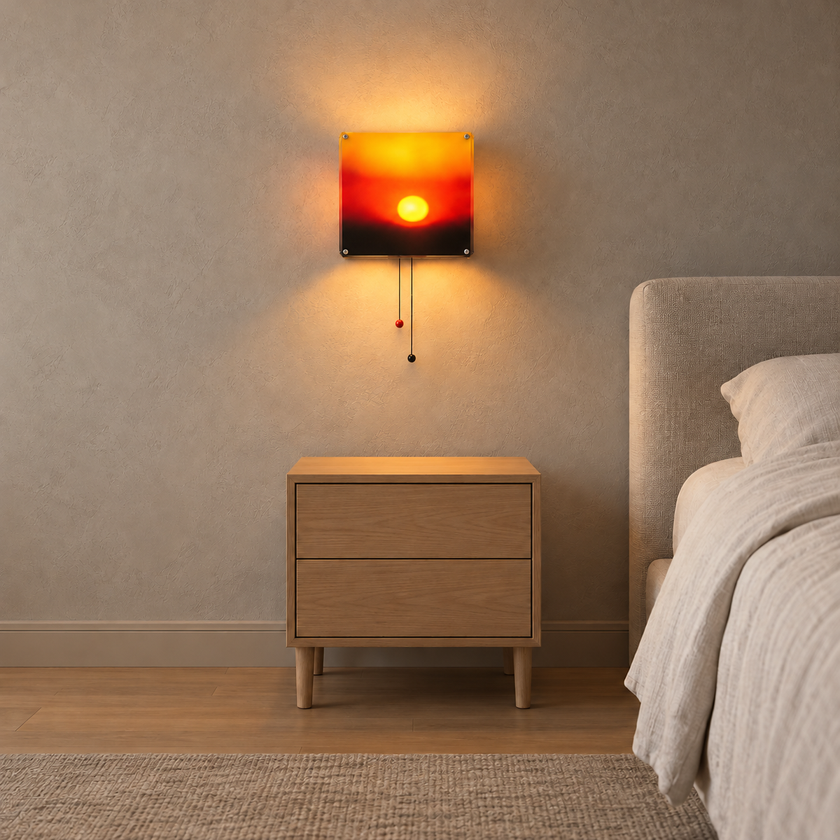 Tesolla sunset orange cordless wall lamp glowing above a clear bedroom nightstand