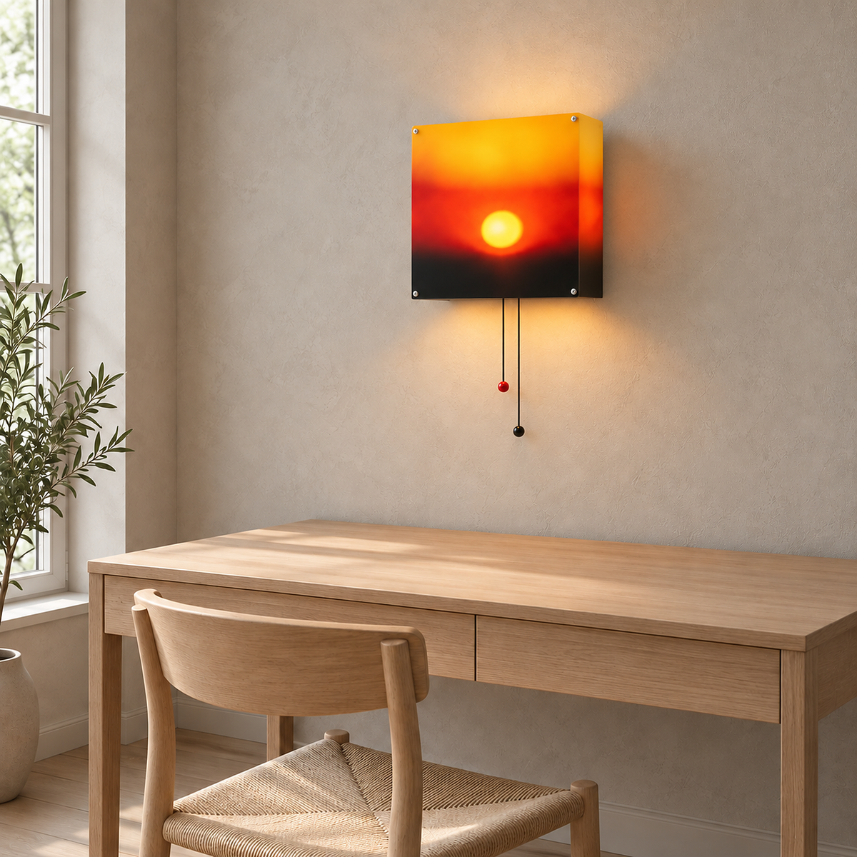 Tesolla sunset orange rechargeable wall sconce casting warm light beside a quiet study desk