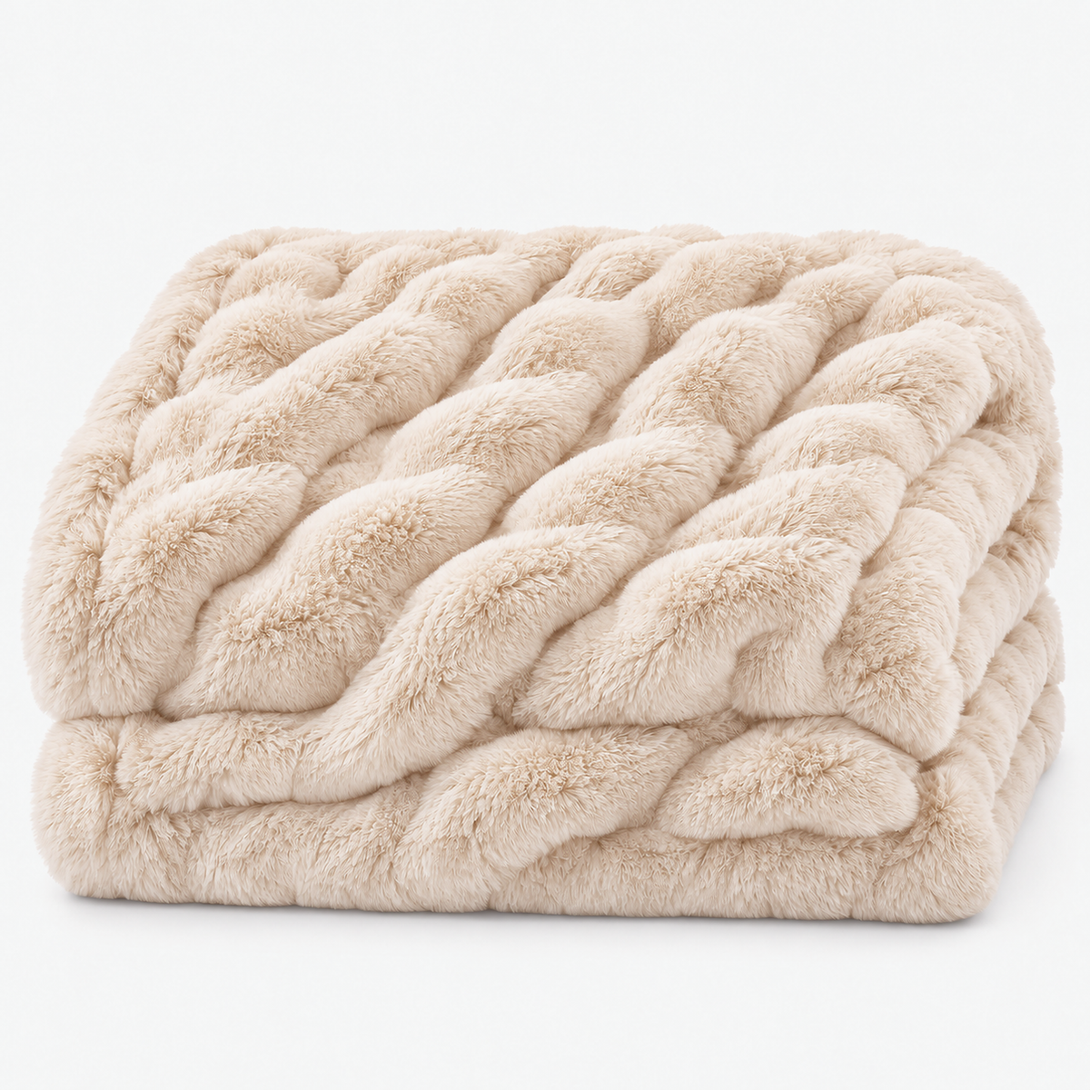 Tesovira coral fleece blanket in beige, a plush throw blanket loosely folded on a plain backdrop #color_beige