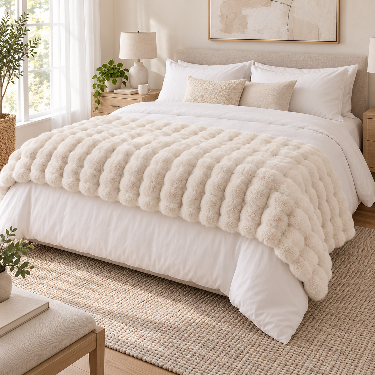 Tesovira coral fleece blanket in beige, a throw blanket folded across the foot of a king bed #color_beige