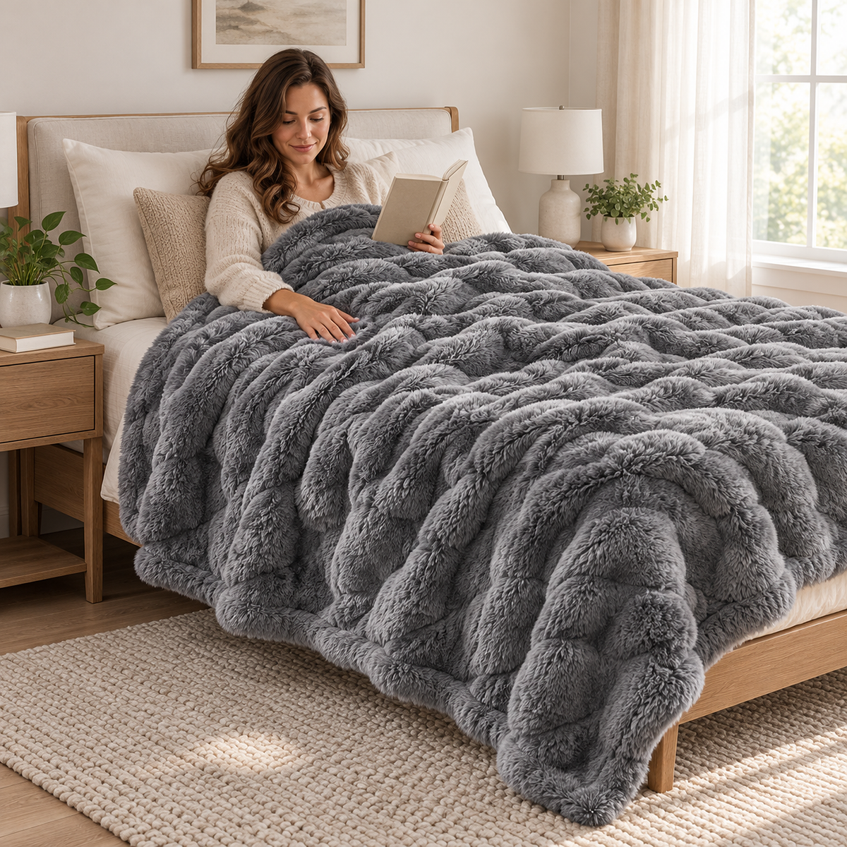 Tesovira coral fleece blanket in gray, a fleece throw blanket covering an adult resting on a bed in daylight