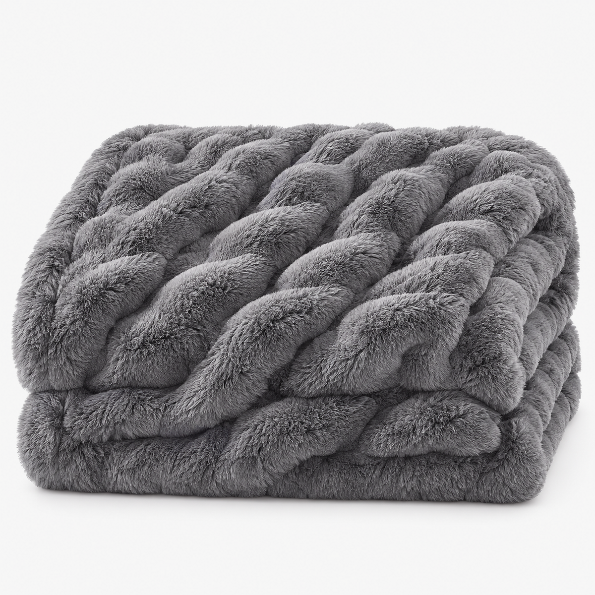Tesovira coral fleece blanket in gray, a striped coral fleece blanket loosely folded on a plain backdrop