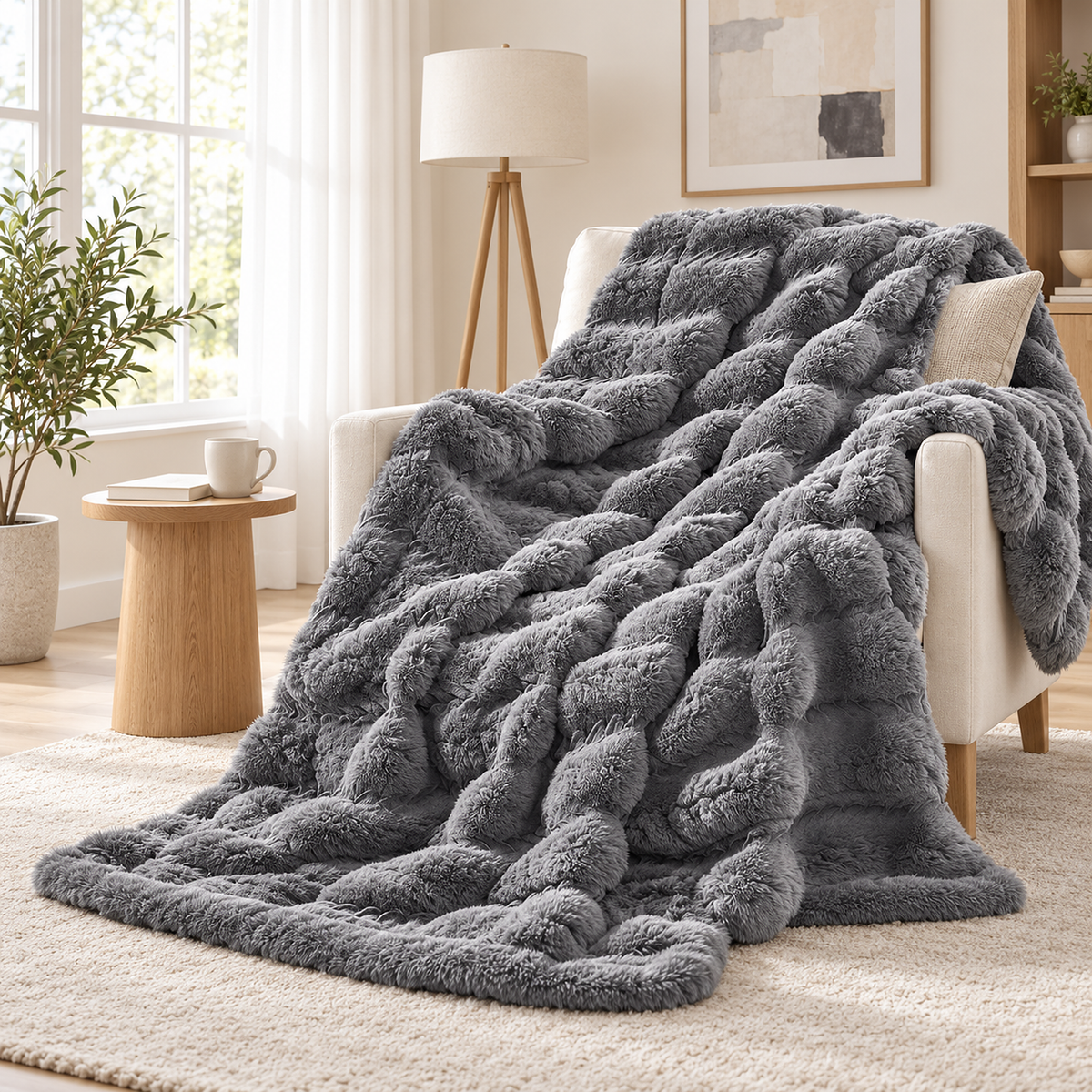 Tesovira coral fleece blanket in gray, a throw blanket draped over an armchair beside a window