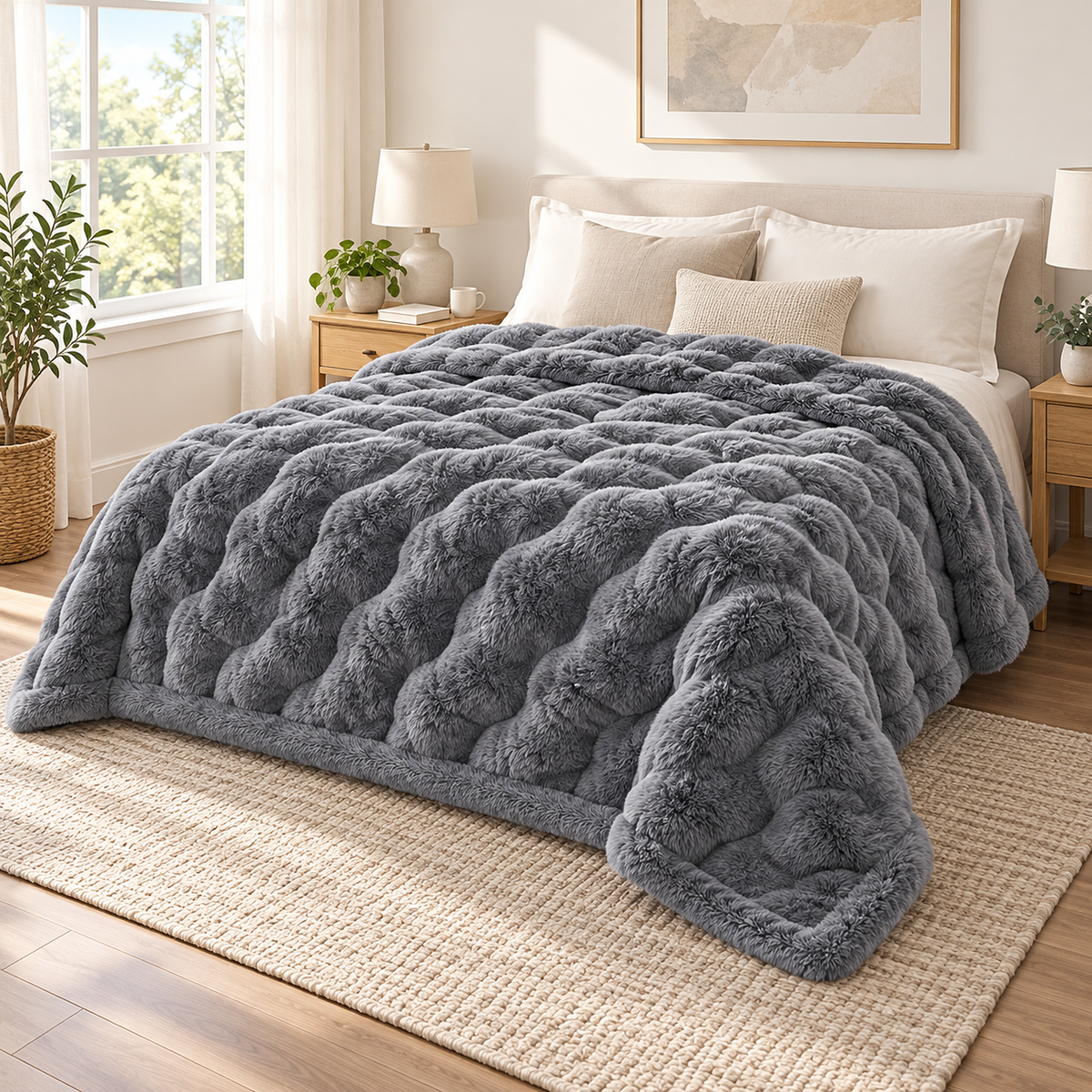 Tesovira coral fleece blanket in gray, an oversized throw blanket as a striped top layer in a bright bedroom