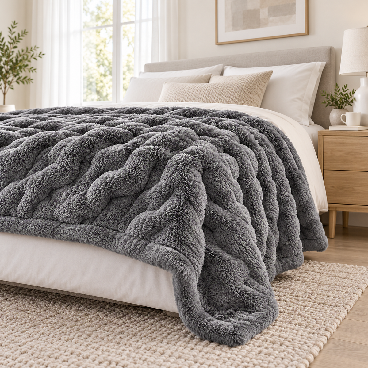 Tesovira coral fleece throw blanket in gray hanging over the mattress edge, showing its side drop