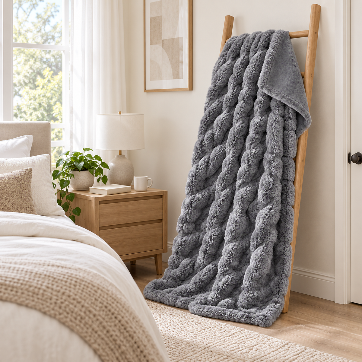 Tesovira coral fleece blanket in gray hung on a wooden ladder with a corner turned to show the reversible side