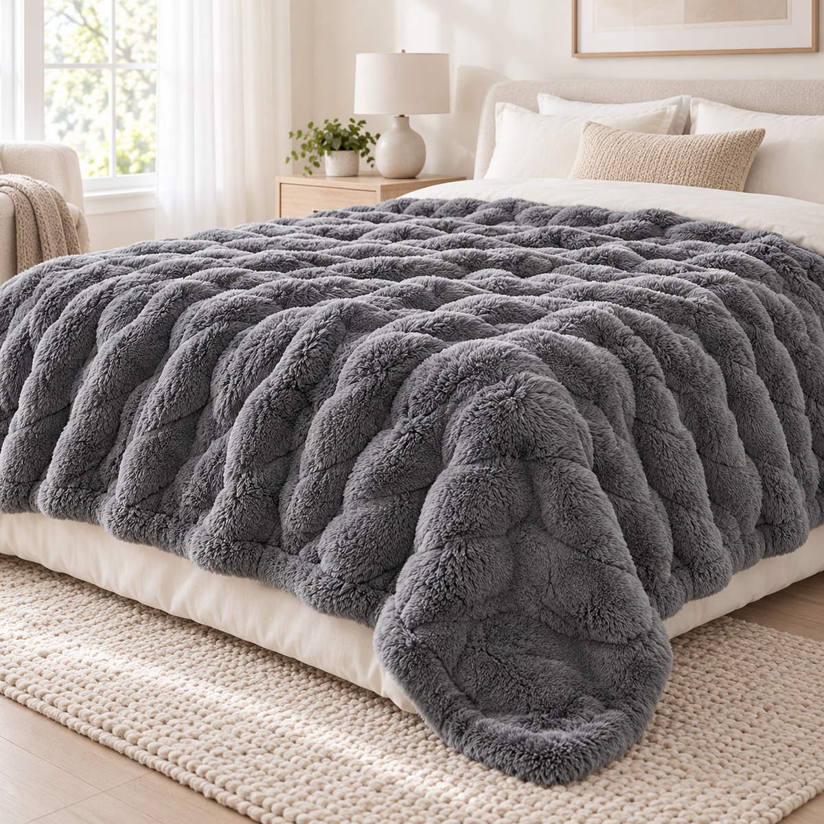 Tesovira gray coral fleece plush throw blanket resting on ivory bedding