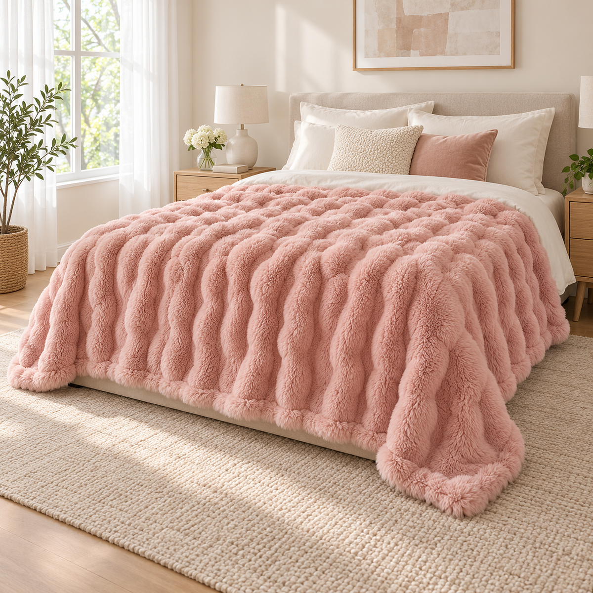 Tesovira coral fleece blanket in pink spread across an ivory queen bed as a plush top layer #color_pink