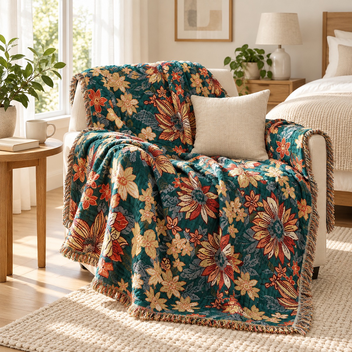 Tevarlo teal and orange cotton throw blanket draped open over an armchair in a bedroom reading corner