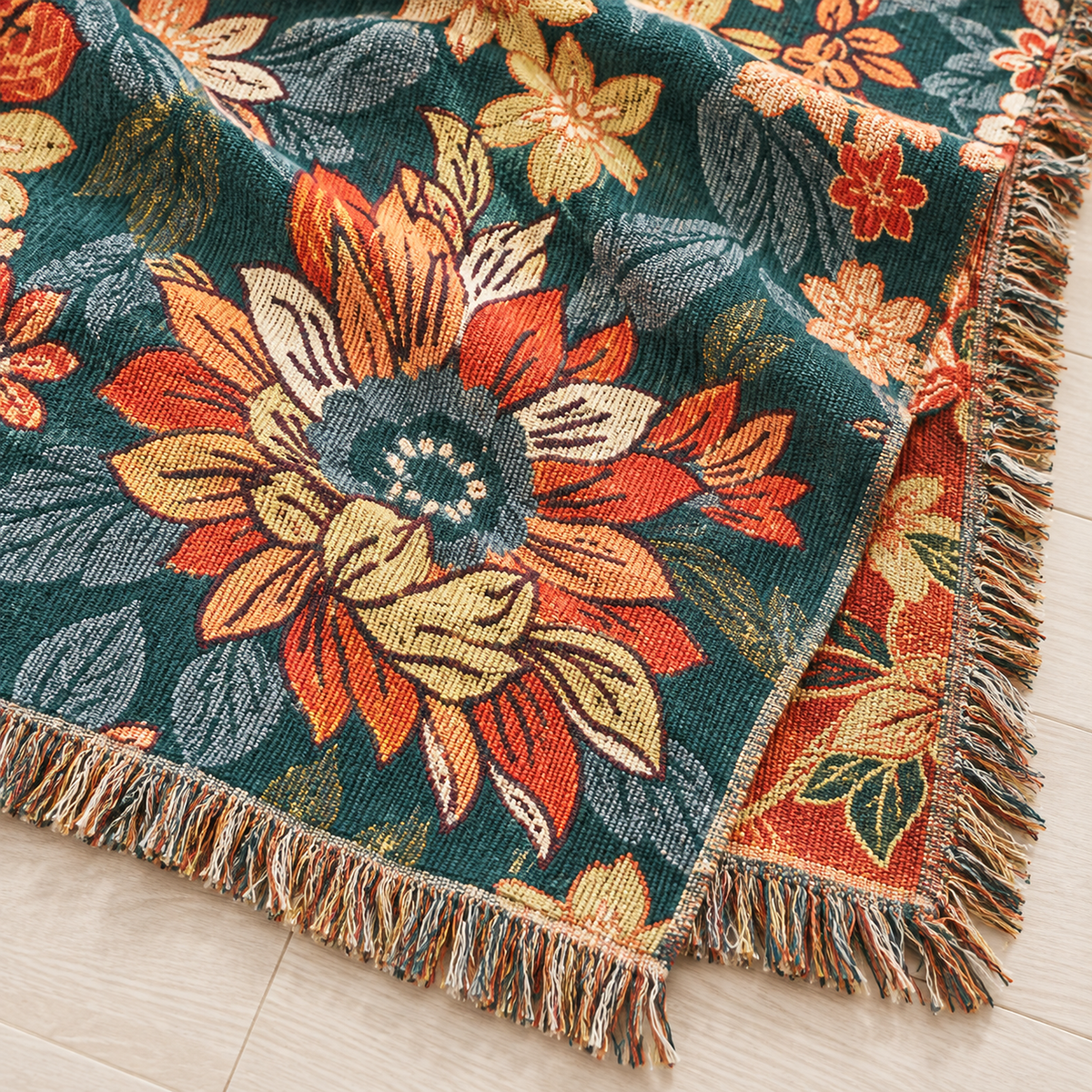 Tevarlo teal and orange cotton throw blanket in close up showing the floral pattern of the fabric