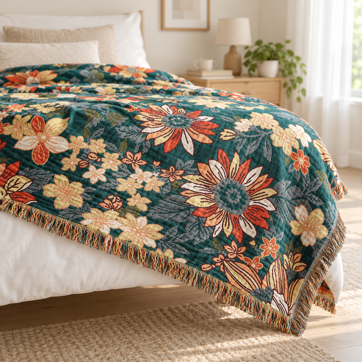 Tevarlo teal and orange cotton throw blanket with its tassel fringe edge hanging off a bed in an attic bedroom