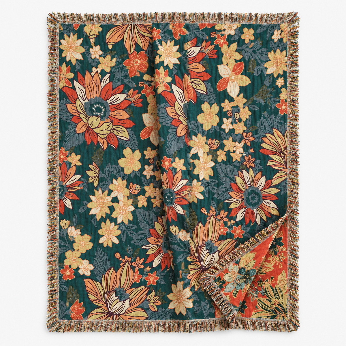 Tevarlo teal and orange floral cotton blanket laid flat showing the whole floral face
