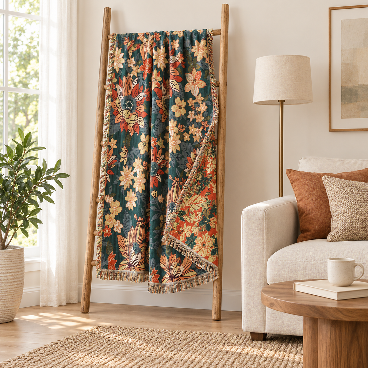 Tevarlo teal and orange reversible soft throw blanket hung on a wooden ladder with the reverse corner showing