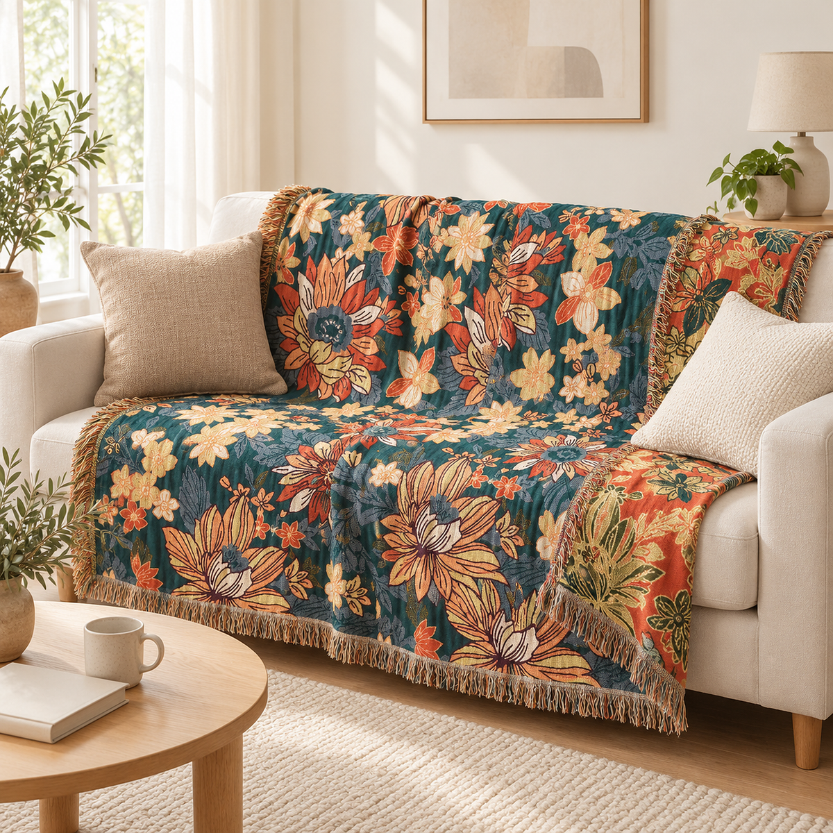 Tevarlo teal and orange soft throw blanket opened over a compact ivory sofa in a bright sitting room