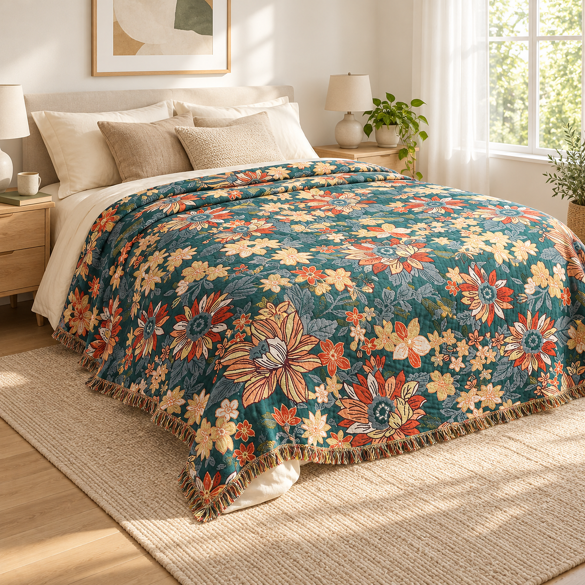 Tevarlo teal and orange throw blanket falling past the mattress sides in a bright guest bedroom