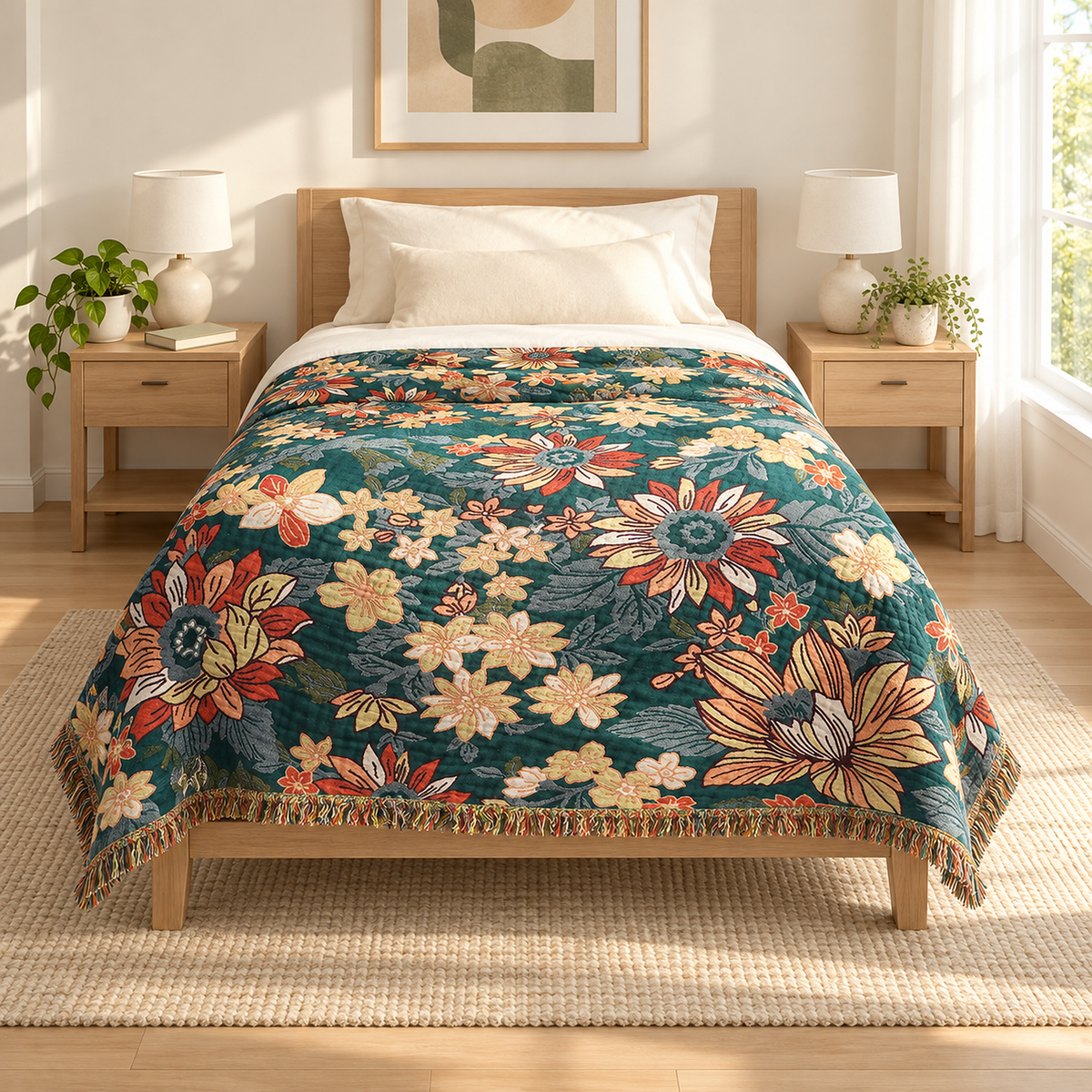 Tevarlo teal and orange throw blanket spread evenly across a twin mattress in an attic bedroom