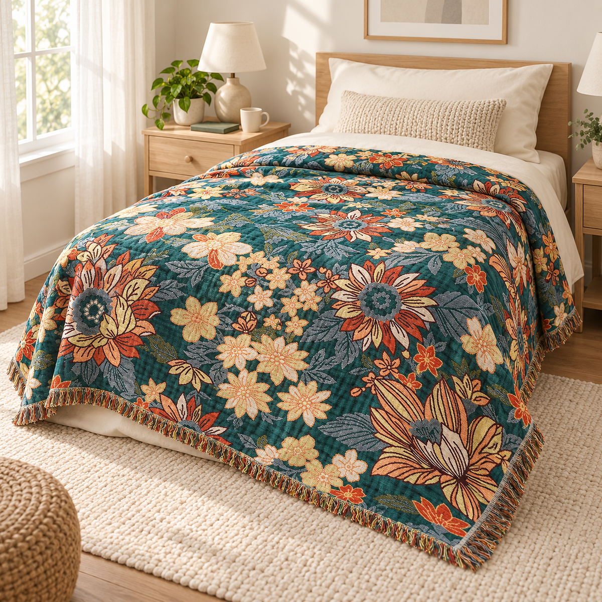Tevarlo teal and orange throw blanket spread over a made twin bed with a pale upholstered headboard