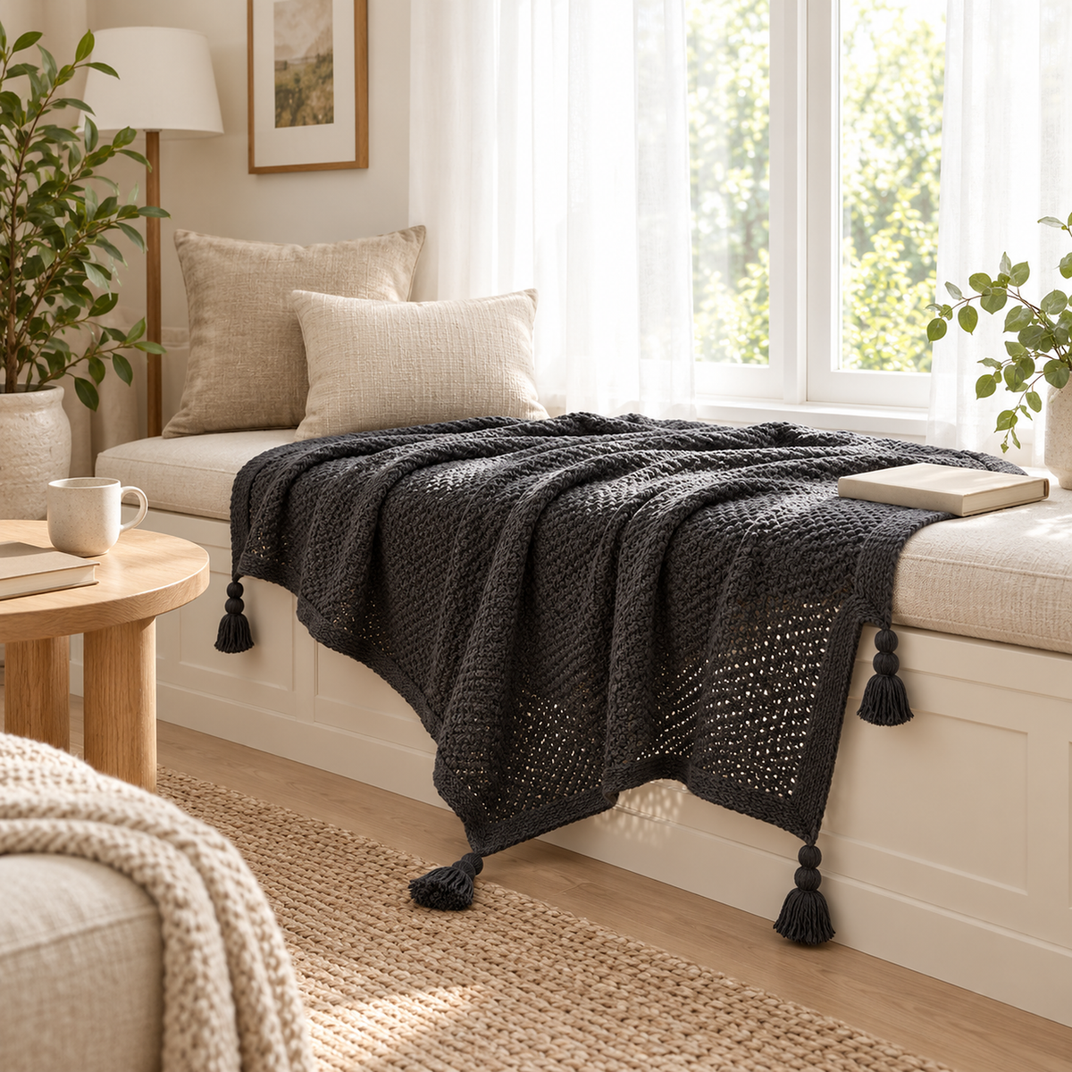 Tevolin gray soft throw blanket opened across a bright cushioned window seat