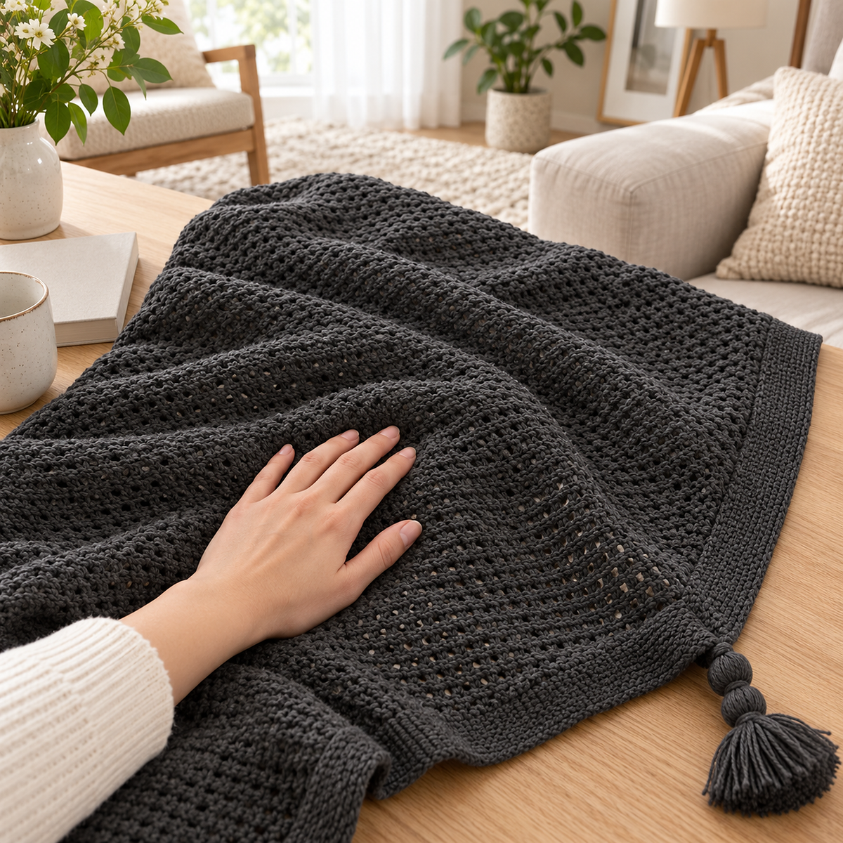 Tevolin gray soft throw blanket with an adult hand pressing into its raised textured fabric