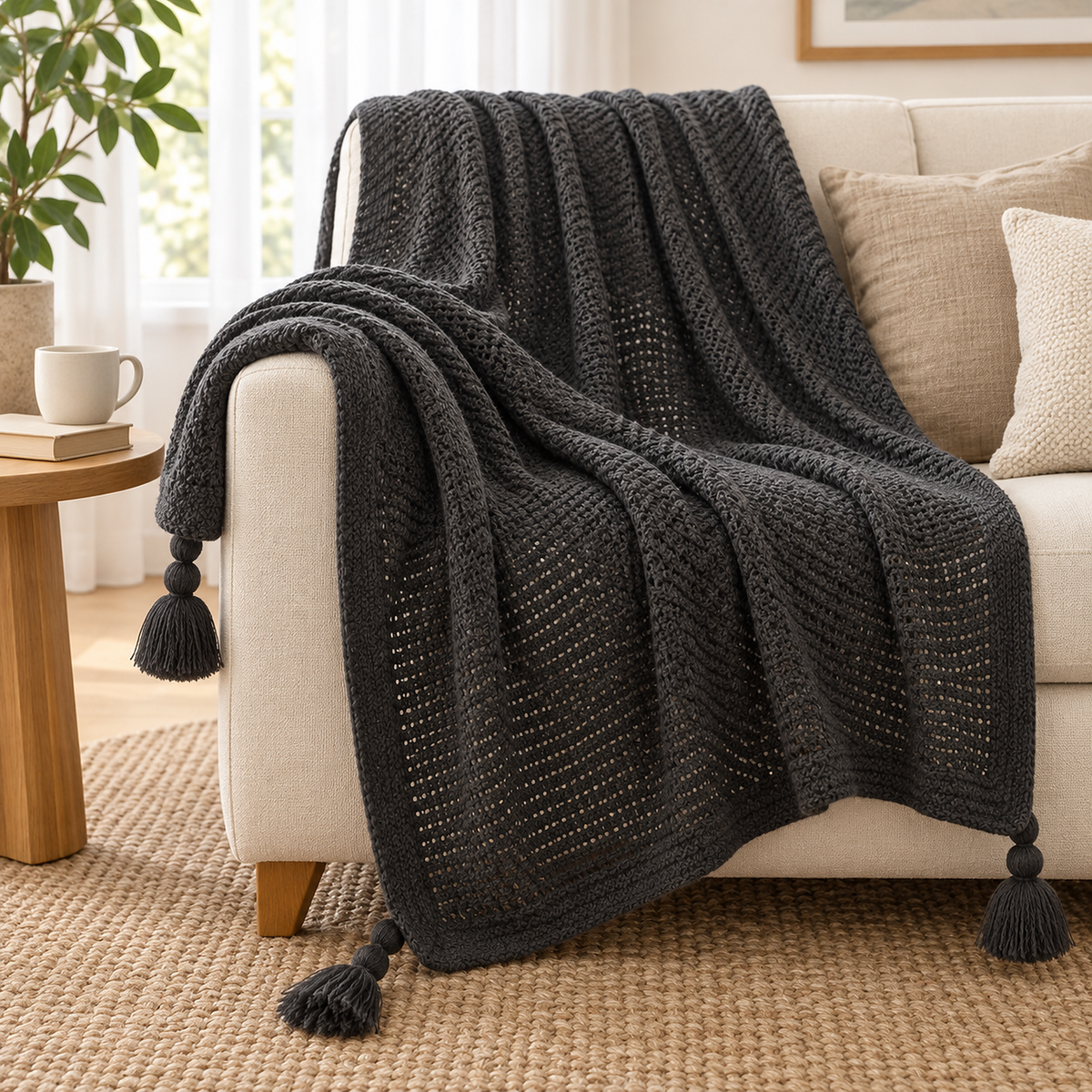 Tevolin gray throw blanket for couch draped over an ivory loveseat with the tassels hanging in view