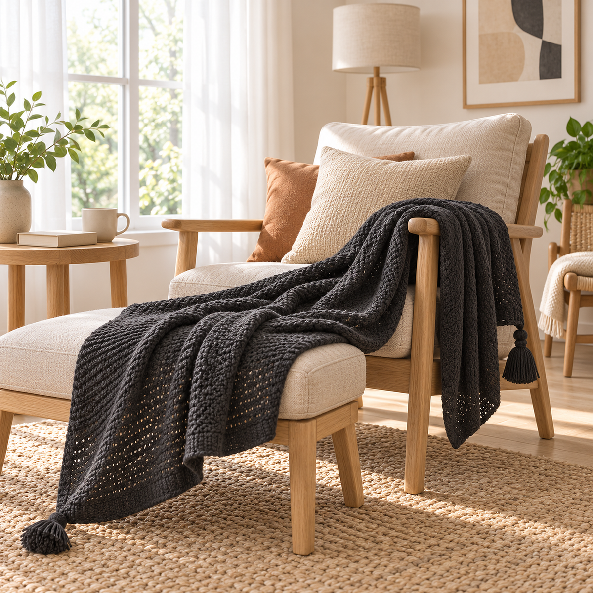 Tevolin gray throw blanket for couch laid over an upholstered footrest in a furnished study reading corner