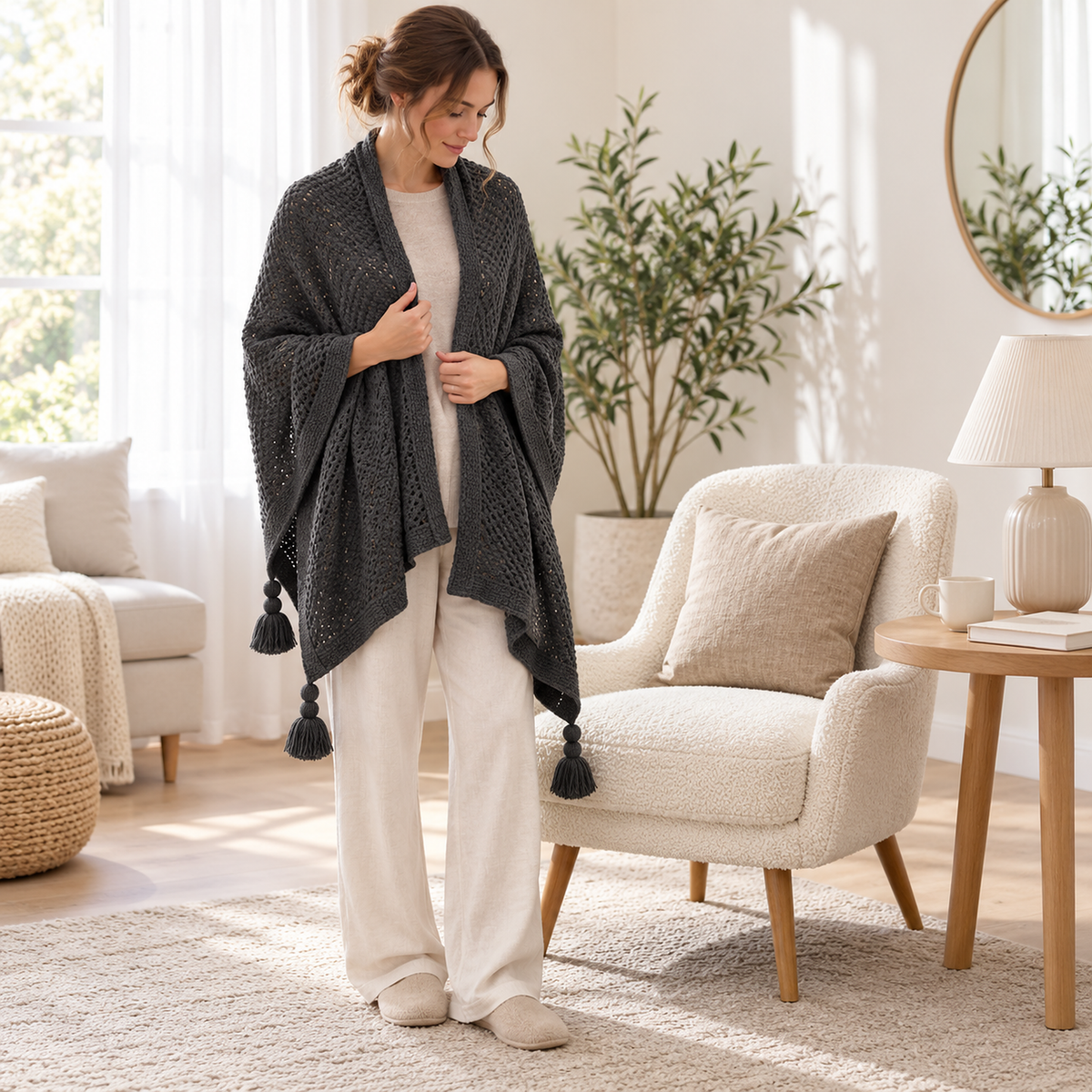 Tevolin gray throw blanket wrapped around the shoulders of an adult in a bright dressing nook